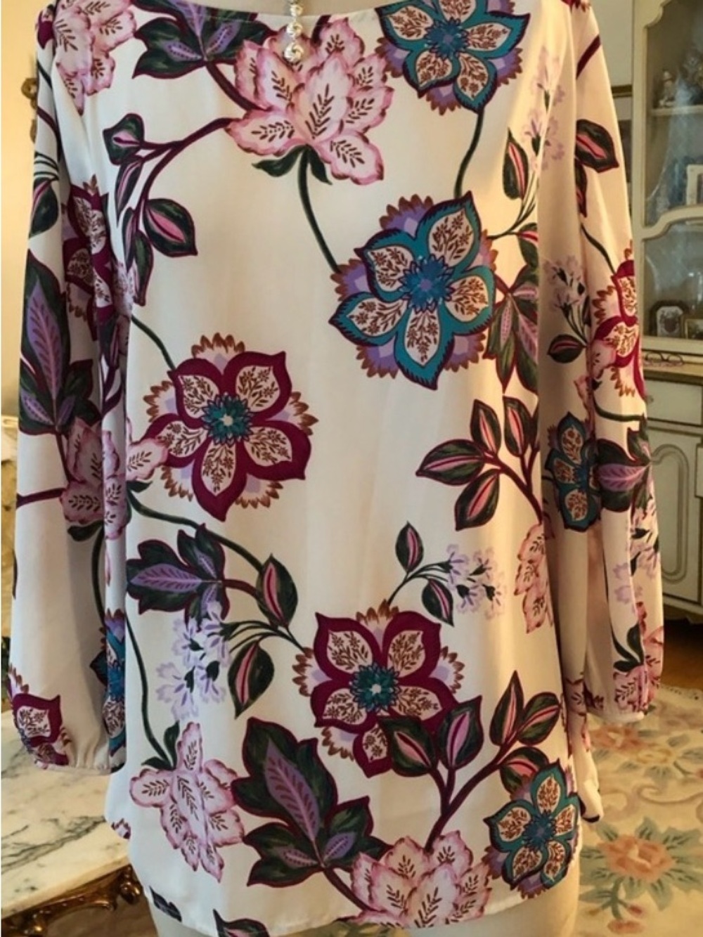 Talbots Cream Floral Blouse with Pink, Plum & Teal Accents